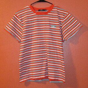 Obey Shirt Woman Medium Orange White Blue Stripe Outdoor Travel Vacation Shirt